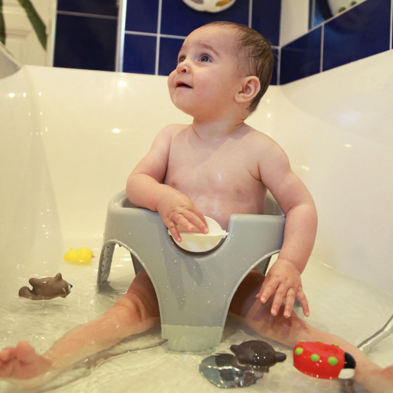 Siège De Bain Bébé Thermobaby AQUAFUN - Anneau Ergonomique Avec Moulin à Eau - Gris/Blanc - 7-16 Mois