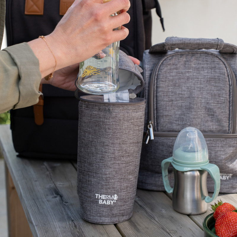 Porte Biberon Isotherme Thermobaby - Gris Chiné - Conservation Chaleur Ou Fraîcheur